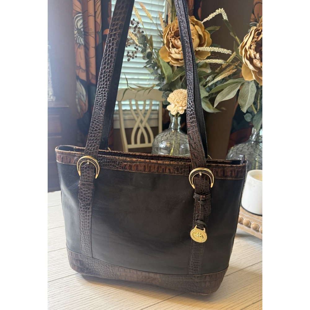 Brahmin Vintage Black/Pecan Crocodile Leather Trim Shoulder Bag‎ Medium Zip Tote